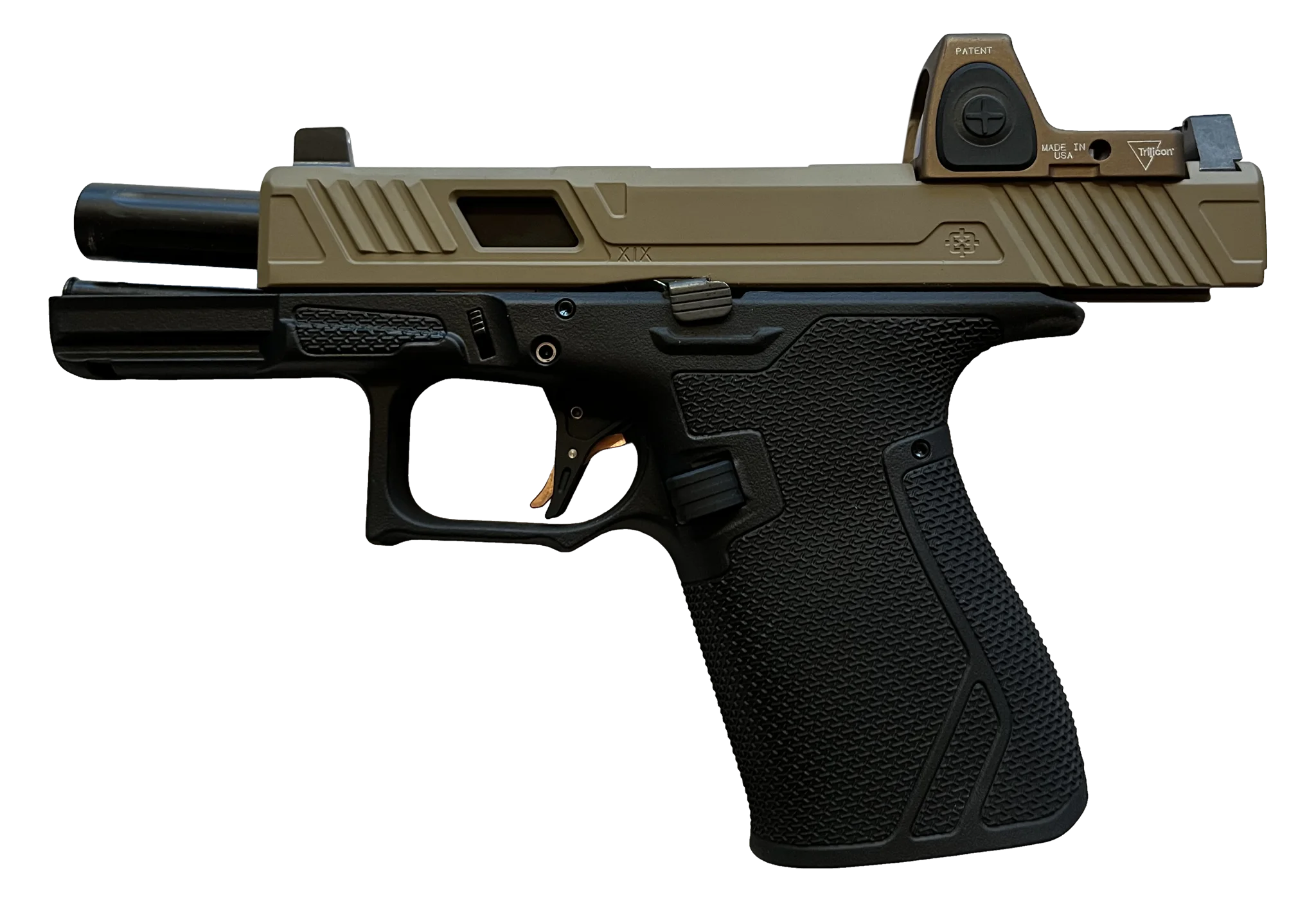 The best 9 mm FDE & Black custom built by PreciseArms pointed right side